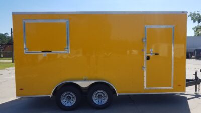 Freedom Trailers 7x16 TA Trailer - Yellow, Side Door, Extra Height, 5K Axles, Electrical, Concession, Finished Interior